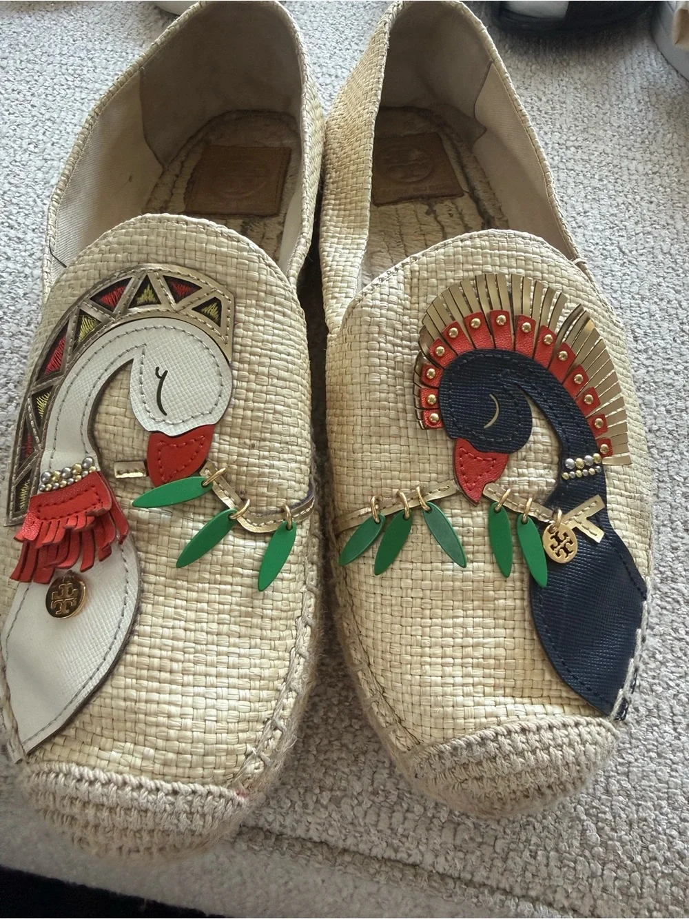 Tory Burch Natural Raffia Espadrille Loafers with Colorful Parrot Appliqués Sz10